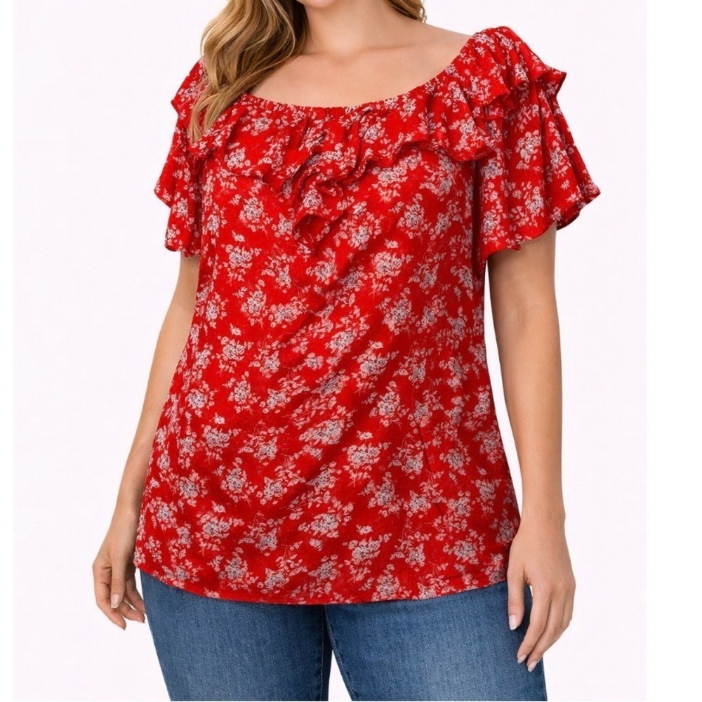Suzanne Betro Weekend Top SZ L red floral flowy blouse SZ L